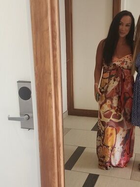 Xhilaration Strapless Maxi Dress in Red, Orange, Yellow Floral Print